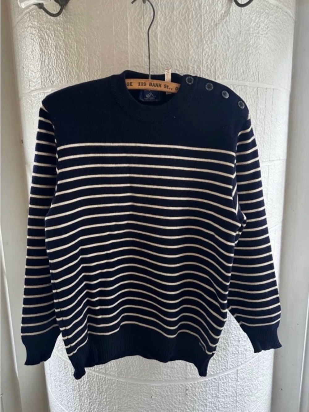Saint James Navy and White Striped Crewneck Sweater with Shoulder Buttons